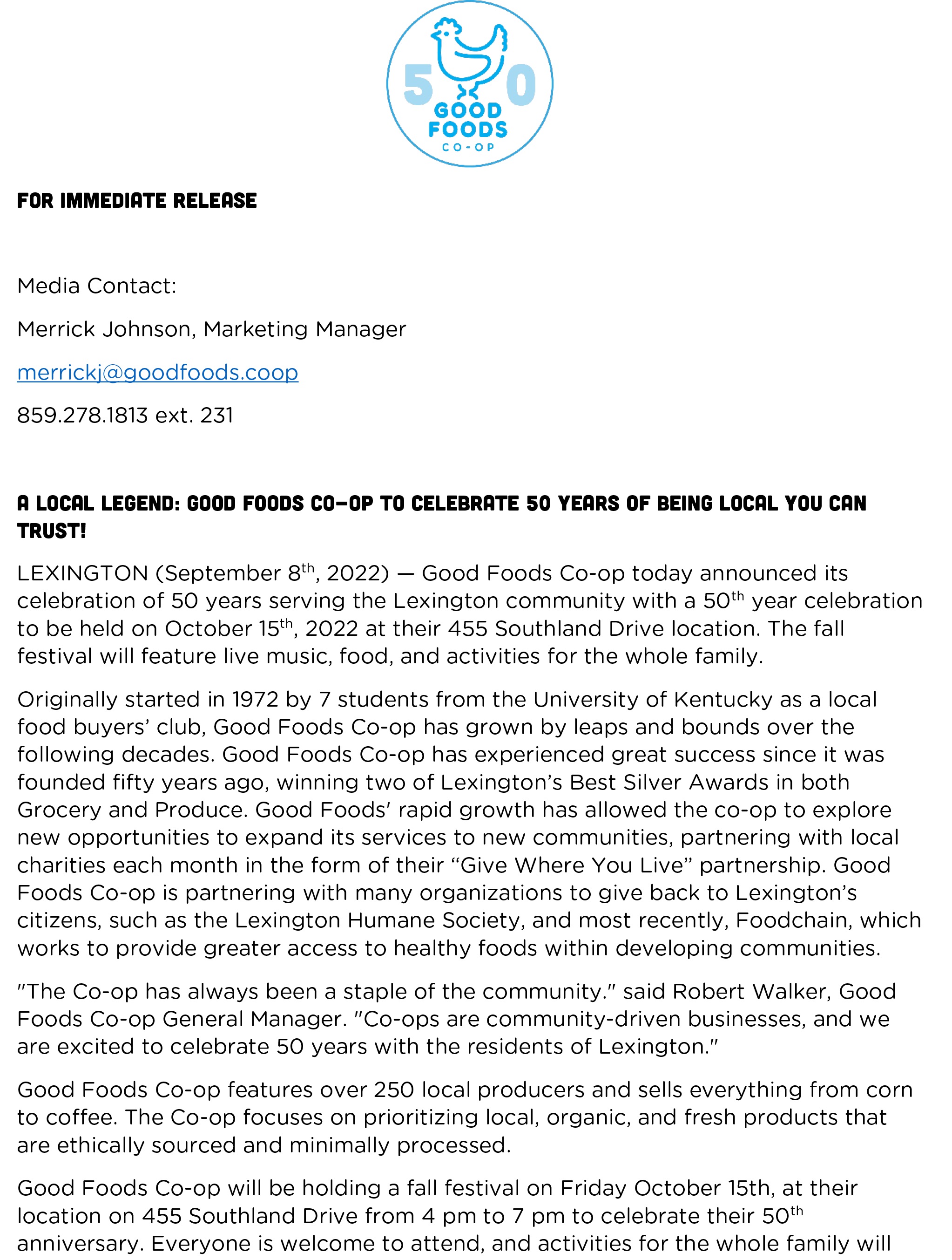 Good Foods Co-op 50th LEX18 Press Release